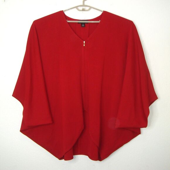ST. JOHN Red Wool Blend V-Neck Poncho Cocoon Zip-Up Cardigan Sweater - Picture 1 of 10